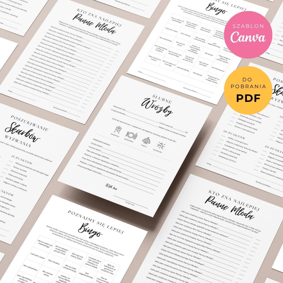 Zestaw gier na wieczór panieński do druku PDF i edycji w Canvie