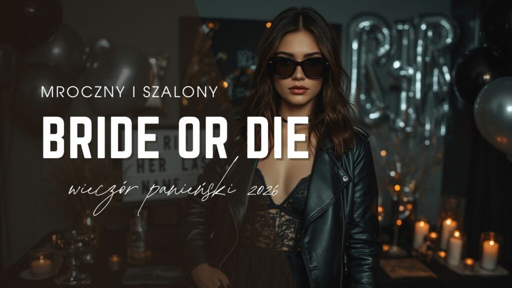 Bride or Die – mroczny i odważny wieczór panieński 2026, panna młoda w białej sukience z czarnym welonem, neon Bride or Die i dekoracje w czerni i różu