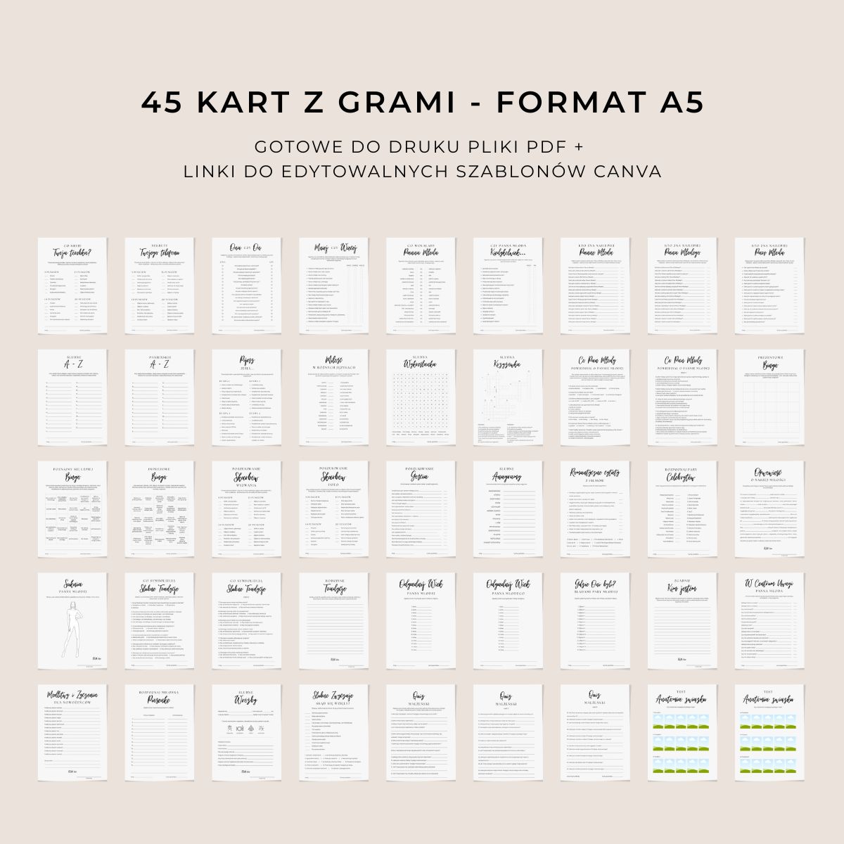 45 kart z grami na wieczór panieński – PDF i Canva