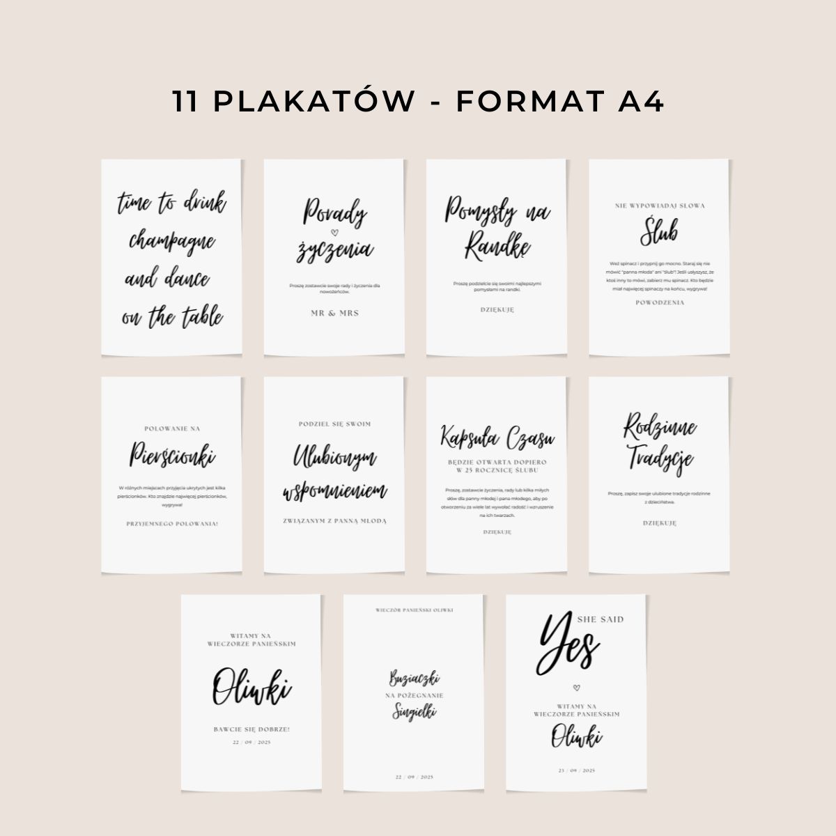 Plakaty dekoracyjne na wieczór panieński – PDF i Canva