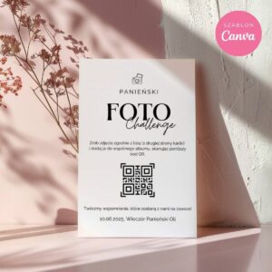 Panieński FotoChallenge – karta z kodem QR, minimalistyczny szablon Canva do druku