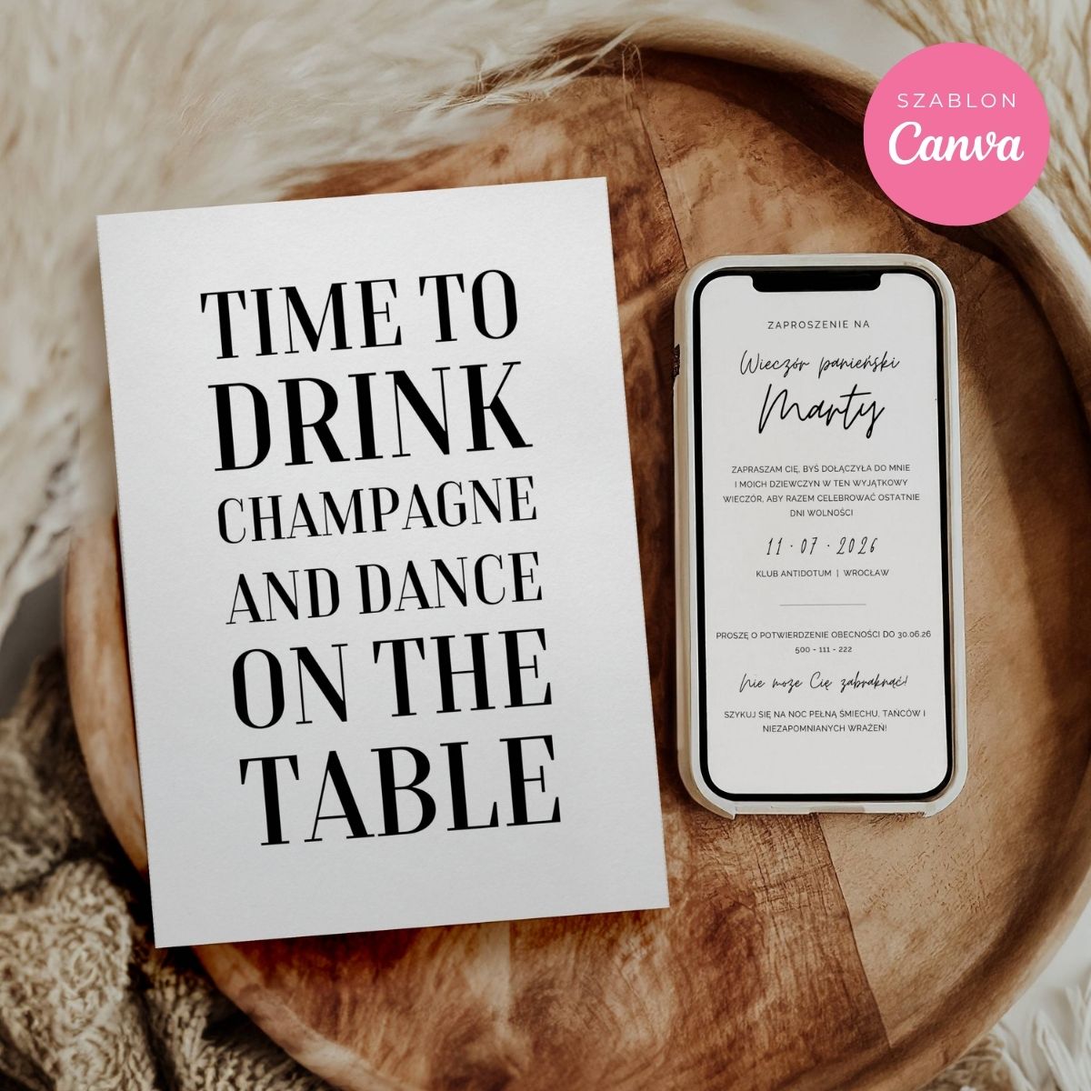 Minimalistyczne zaproszenie na wieczór panieński – szablon Canva do edycji i druku.