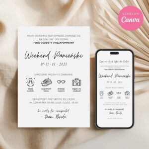 Eleganckie zaproszenie na wieczór panieński – format A6 do druku i 1080x1920 px na telefon, edytowalne w Canva.