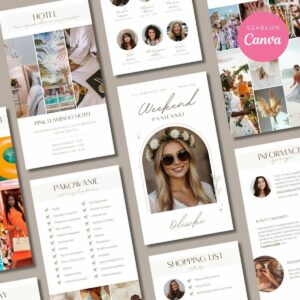 Planer wieczoru panieńskiego – edytowalny szablon Canva. Zawiera 20 stron do druku lub PDF. Harmonogram, lista zakupów, atrakcje i więcej – w minimalistycznym stylu.