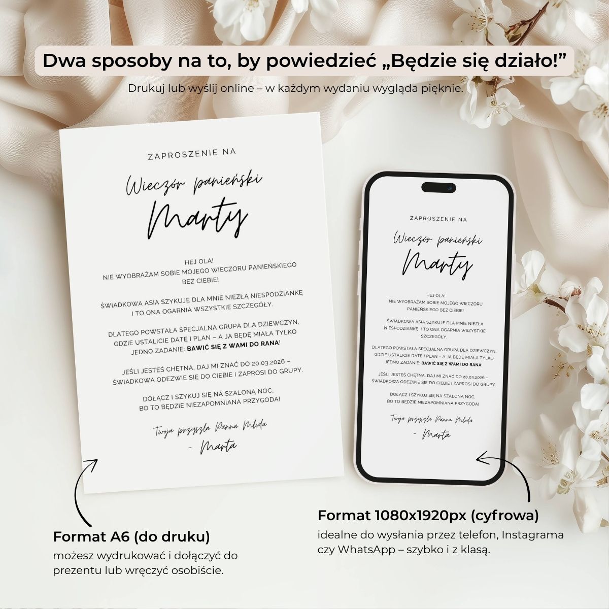 Dwa formaty zaproszenia – druk A6 i cyfrowa wersja 1080x1920 px, edytowalne w Canvie.