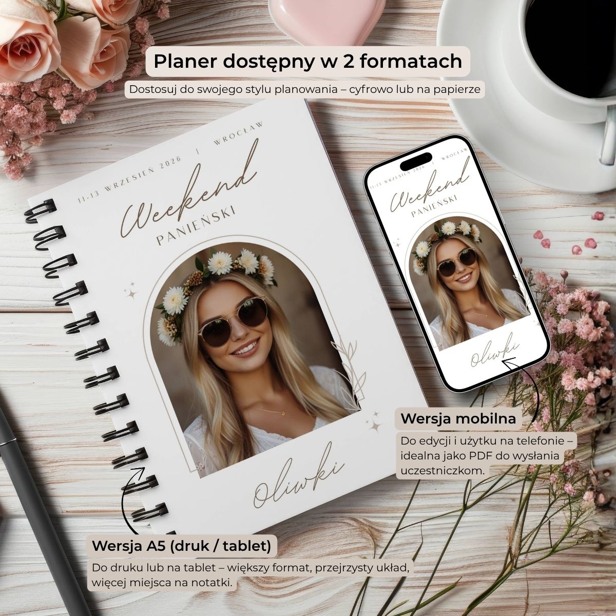 Planner wieczoru panieńskiego w wersji A5 do druku i w wersji mobilnej na telefon – porównanie dwóch formatów produktu