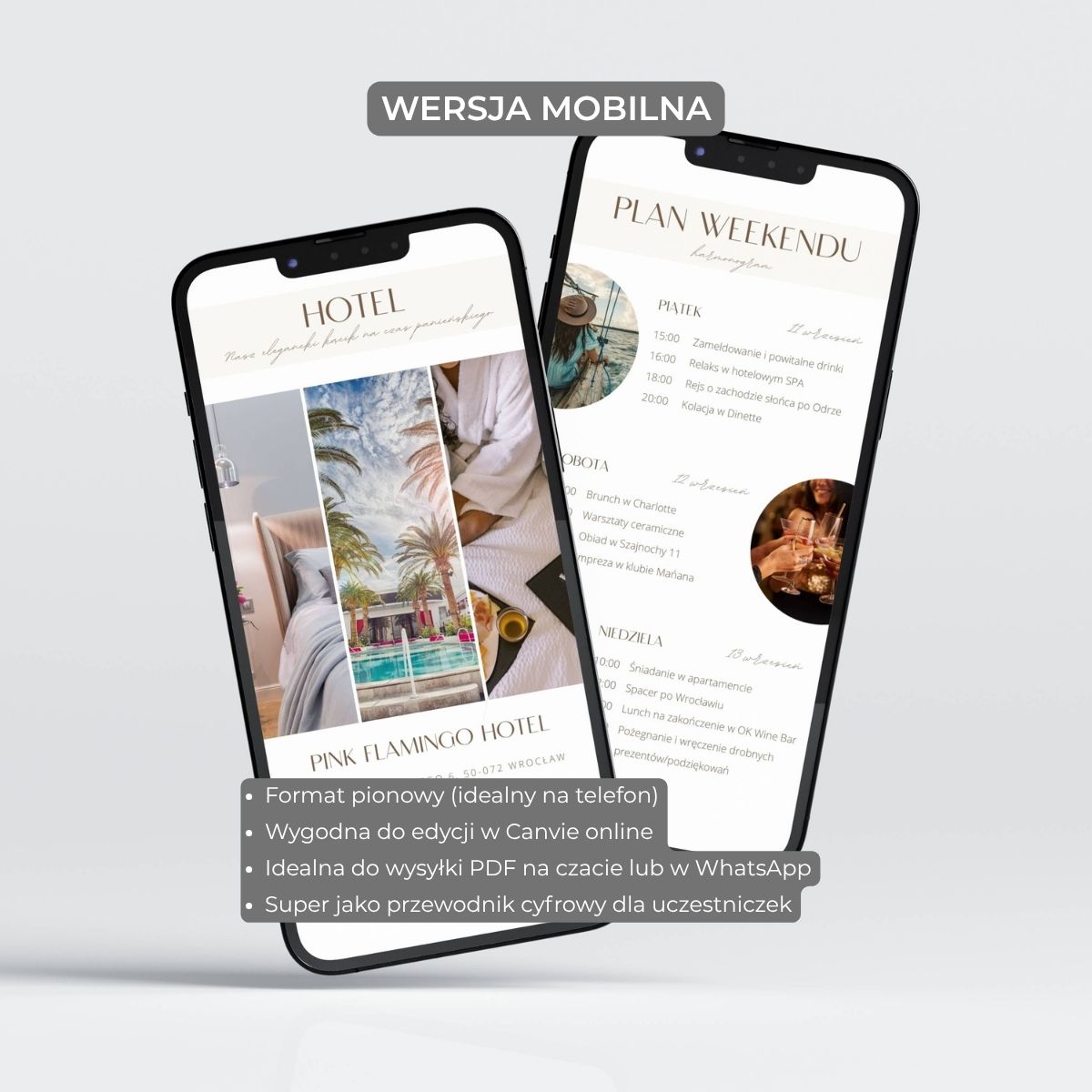 Wersja mobilna planera wieczoru panieńskiego – podgląd stron na telefonie z planem weekendu i informacjami o hotelu