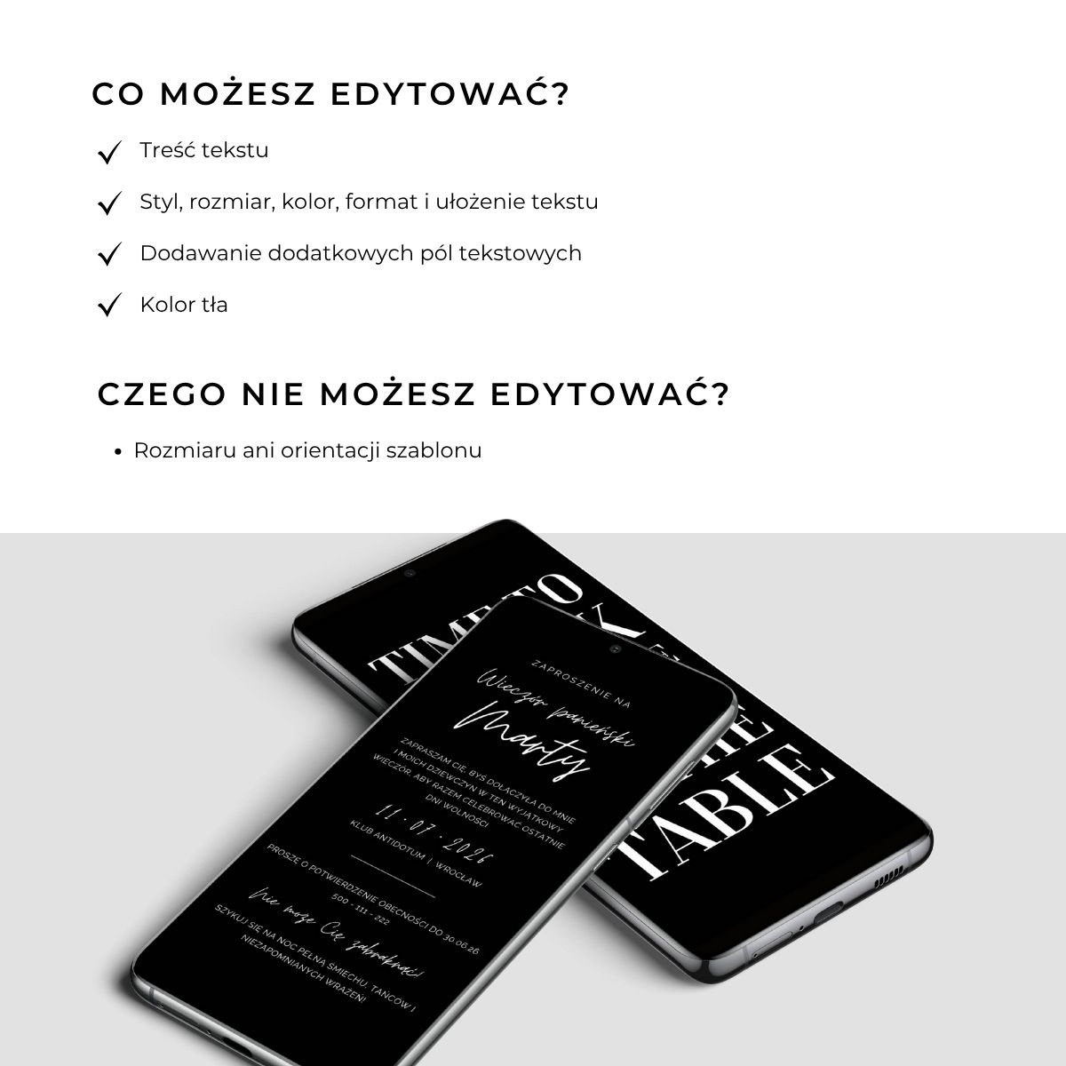 Zaproszenie na wieczór panieński w wersji mobilnej – biała i czarna wersja do edycji.