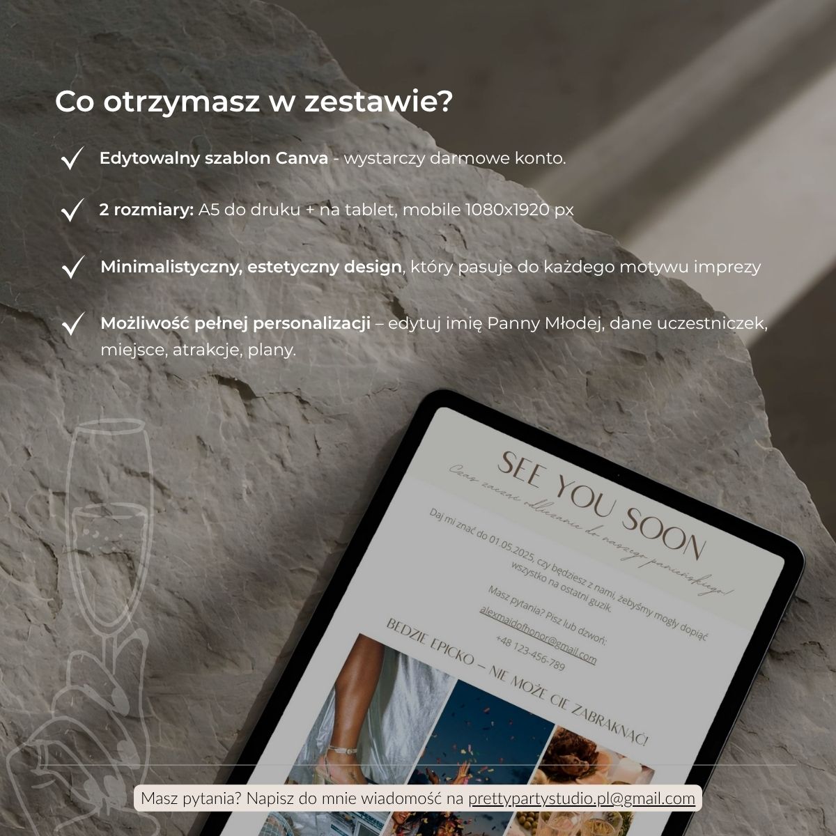 Grafika z listą co zawiera zestaw – edytowalny planer Canva, 2 formaty (A5 i mobilny), estetyczny design i możliwość pełnej personalizacji