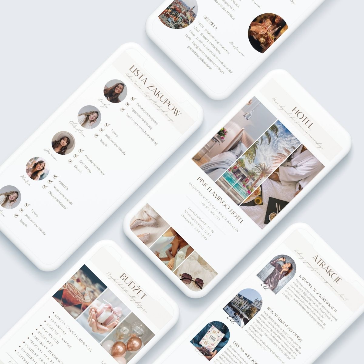 Podgląd wersji mobilnej planera na białych telefonach – pokazane strony z atrakcjami, budżetem, listą zakupów
