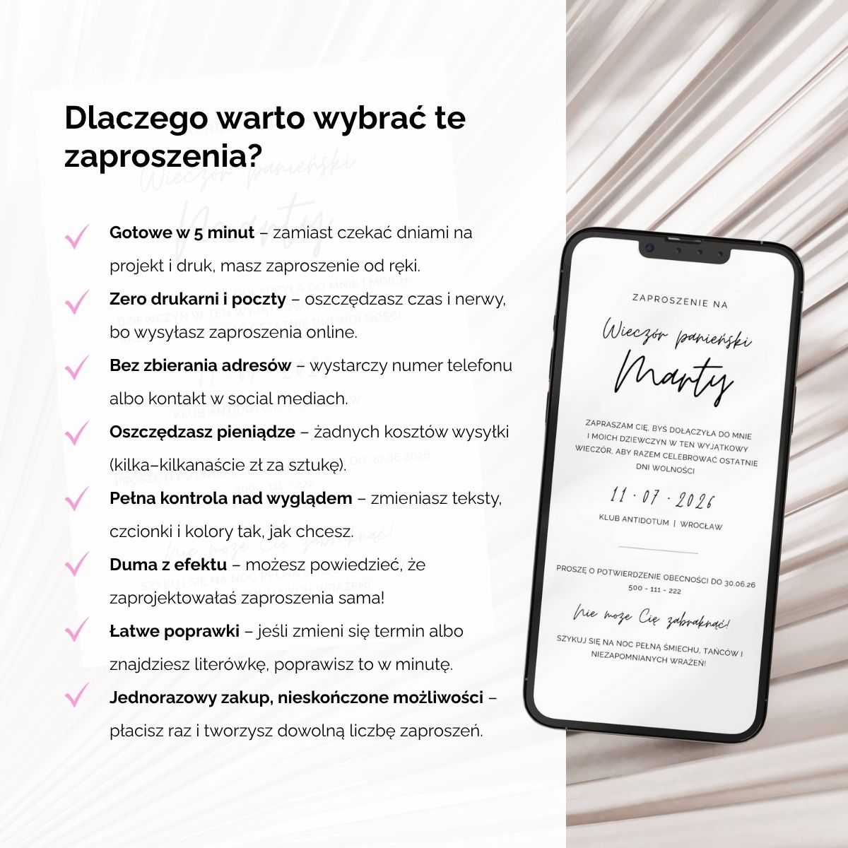 Lista zalet zaproszenia Canva – szybkie, personalizowane, gotowe w kilka minut.