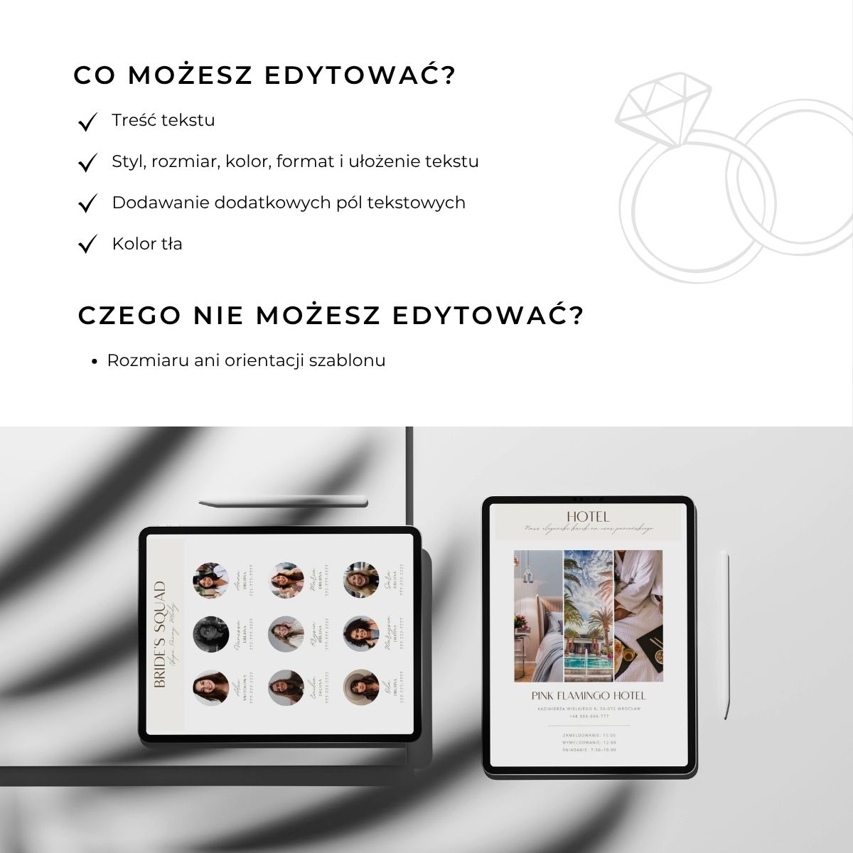 Informacje o możliwościach edycji szablonu – tekst, kolory, formatowanie – pokazane na tablecie i laptopie