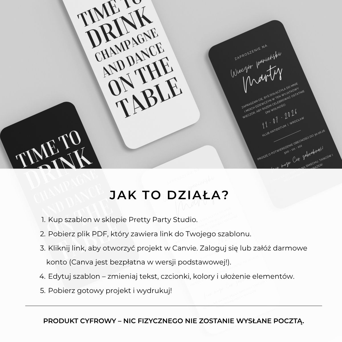 Instrukcja korzystania z szablonu Canva – jak edytować zaproszenie na wieczór panieński.