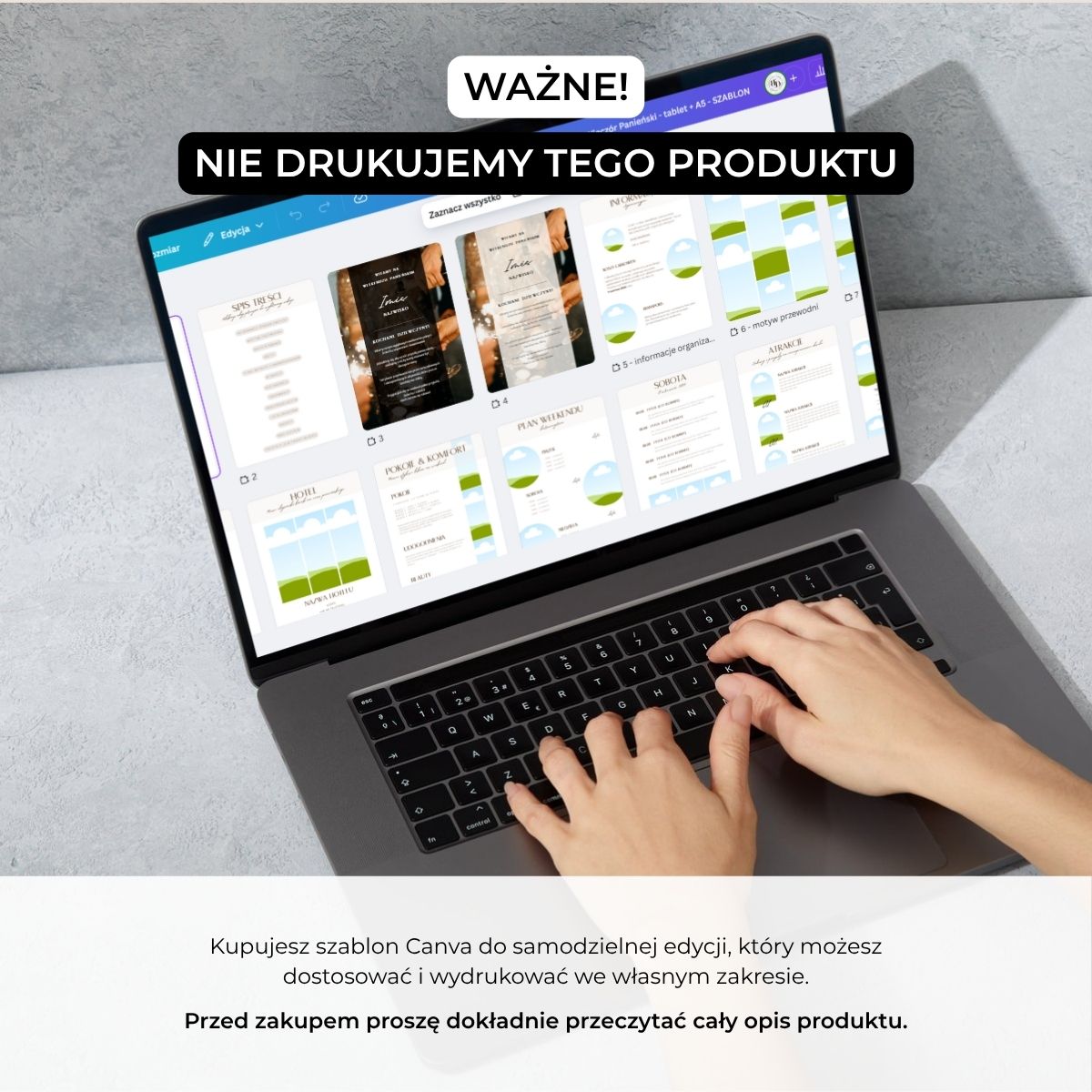 Informacja: NIE drukujemy tego produktu – zdjęcie ekranu Canvy z projektem i tekstem o samodzielnej edycji