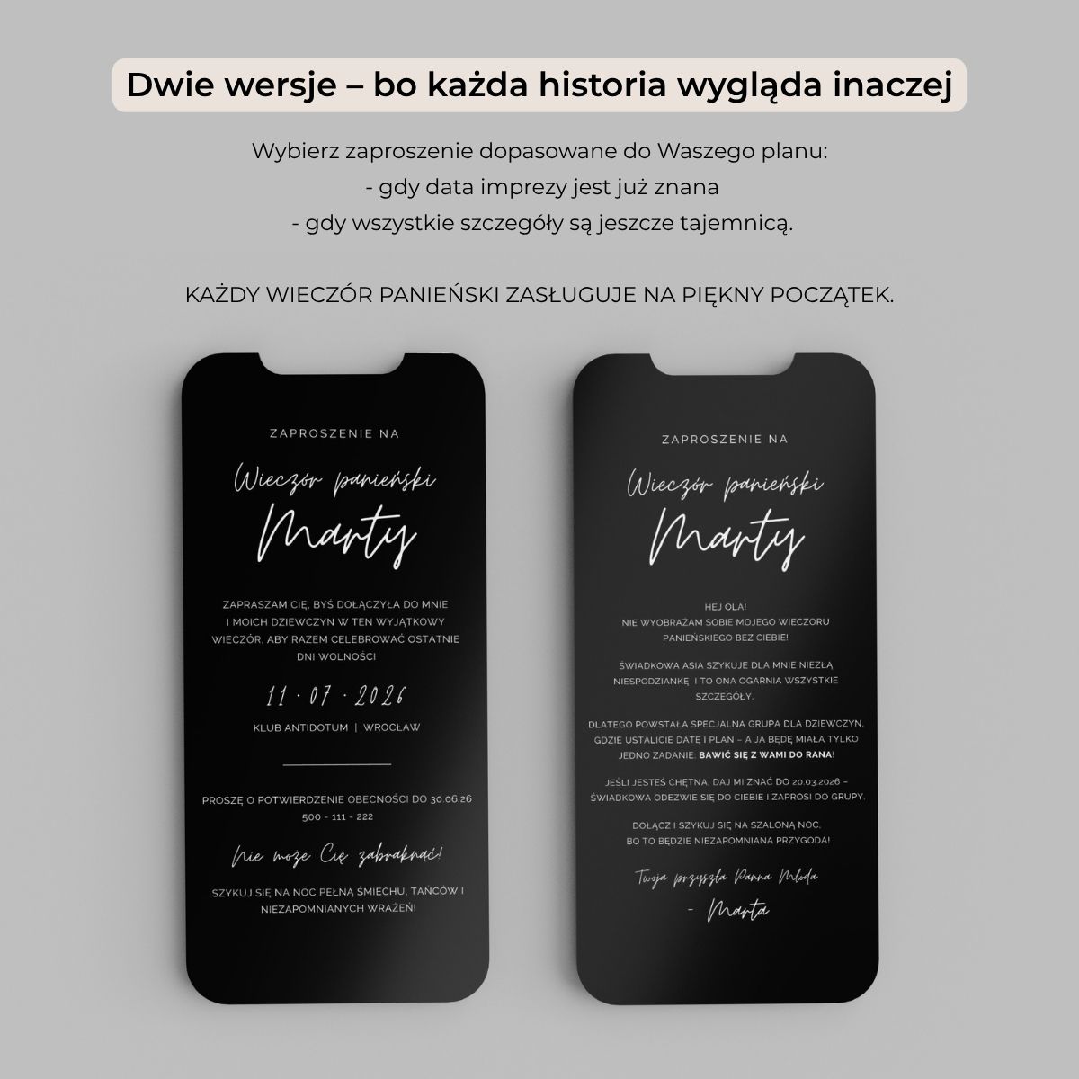 Dwie wersje tekstów zaproszenia Canva – z datą lub w formie niespodzianki.