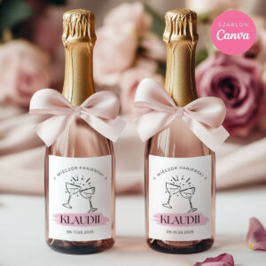 Personalizowane etykiety na mini szampana na wieczór panieński – szablon Canva do edycji i druku
