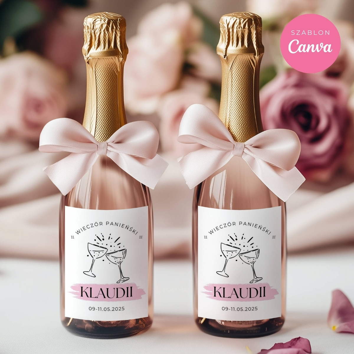 Personalizowane etykiety na mini szampana na wieczór panieński – szablon Canva do edycji i druku