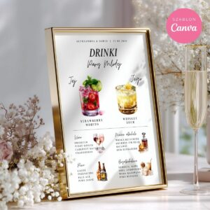 Eleganckie wedding bar menu w złotej ramce z akwarelowymi drinkami Strawberry Mojito i Whiskey Sour do edycji w Canva.