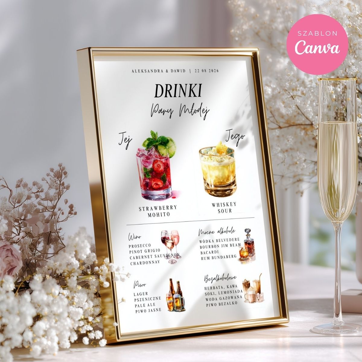 Eleganckie wedding bar menu w złotej ramce z akwarelowymi drinkami Strawberry Mojito i Whiskey Sour do edycji w Canva.