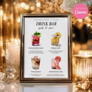 Elegancki szablon “Drink Bar – zrób to sam” w złotej ramce, akwarelowe ilustracje drinków, wedding bar menu do samodzielnego przygotowania.