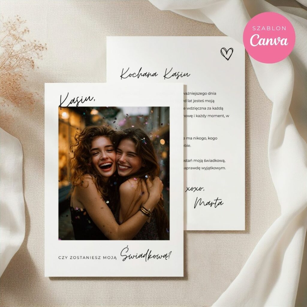 Elegancka karta A6 z prośbą o świadkowanie z miejscem na zdjęcie i personalizowany tekst.