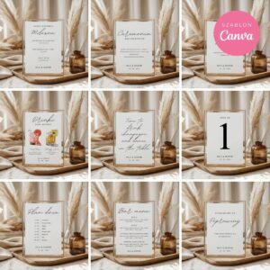 Minimalistyczne tablice ślubne w ramkach — przykładowe szablony Canva w stylu nowoczesnym, zestaw 60+ wzorów do druku.