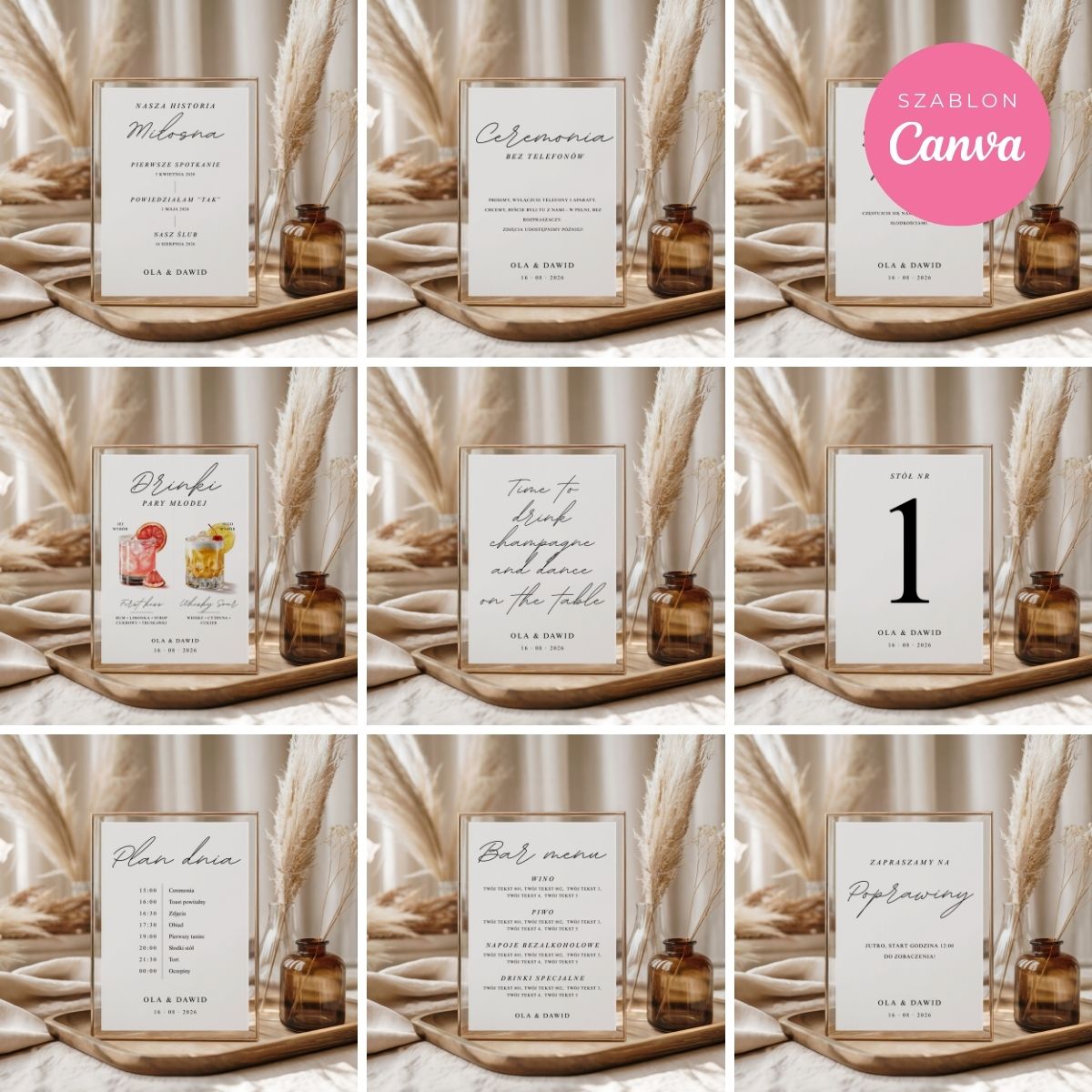 Minimalistyczne tablice ślubne w ramkach — przykładowe szablony Canva w stylu nowoczesnym, zestaw 60+ wzorów do druku.
