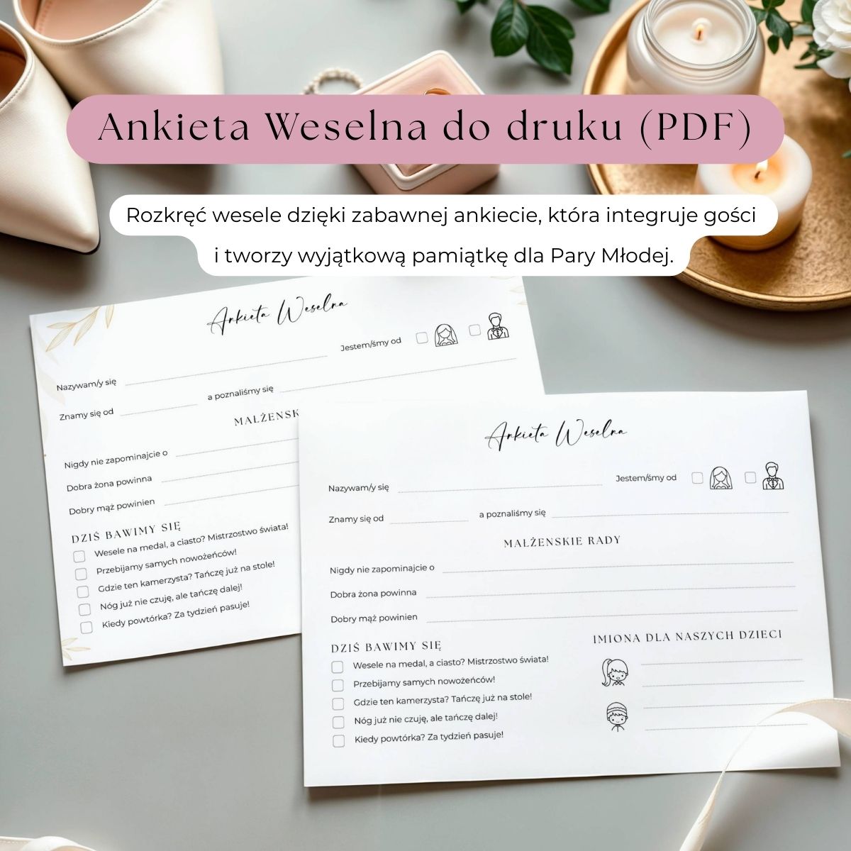 Dwie wersje ankiety weselnej do druku PDF – z beżowym i czarnym wzorem.