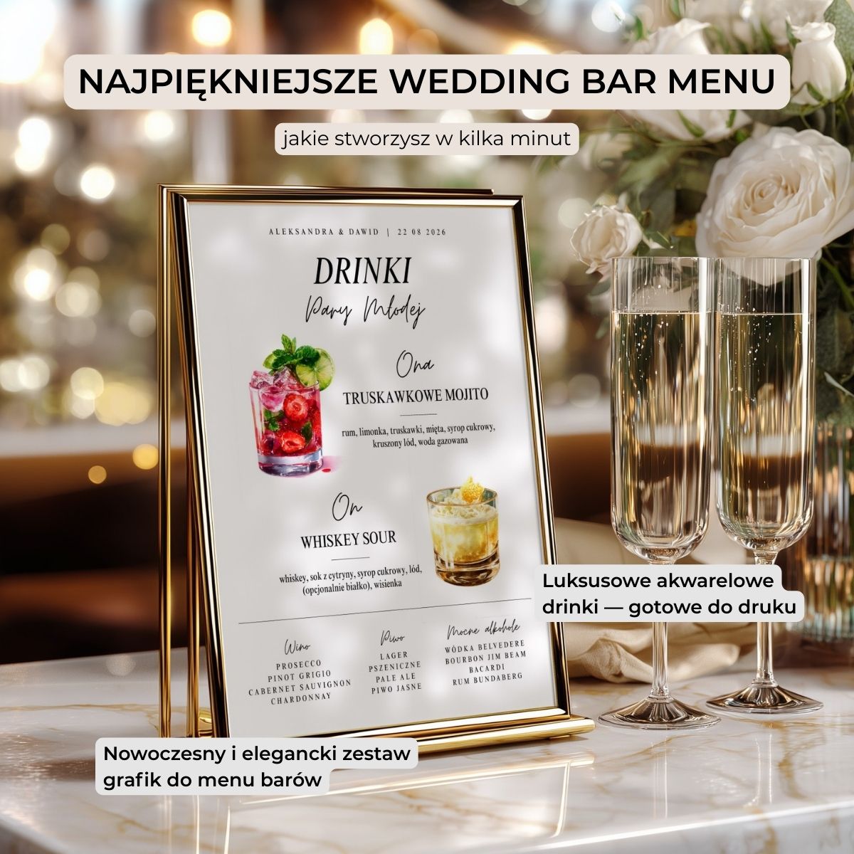 Nowoczesne wedding bar menu w złotej ramce z akwarelowymi drinkami, gotowe do edycji w Canva.