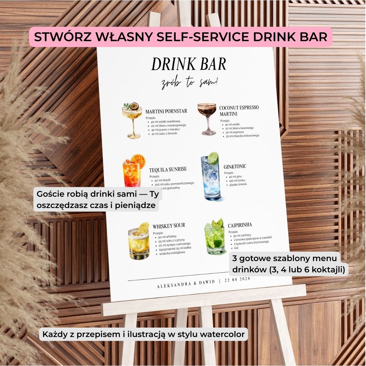 Plansza “Stwórz własny self-service drink bar”, menu z 6 drinkami w stylu watercolor, szablon Canva.