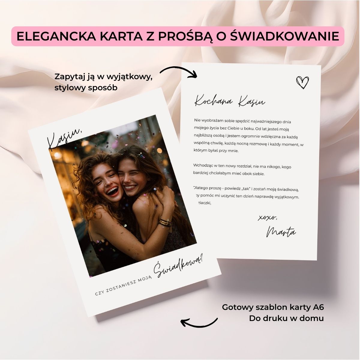 Szablon karty do poproszenia o świadkowanie – front ze zdjęciem i tył z tekstem w eleganckiej stylistyce.