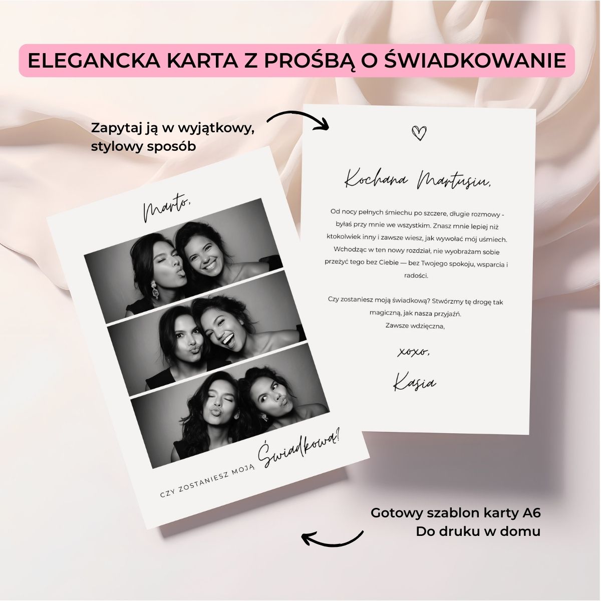Szablon karty do poproszenia o świadkowanie – front ze zdjęciem i tył z tekstem w eleganckiej stylistyce.