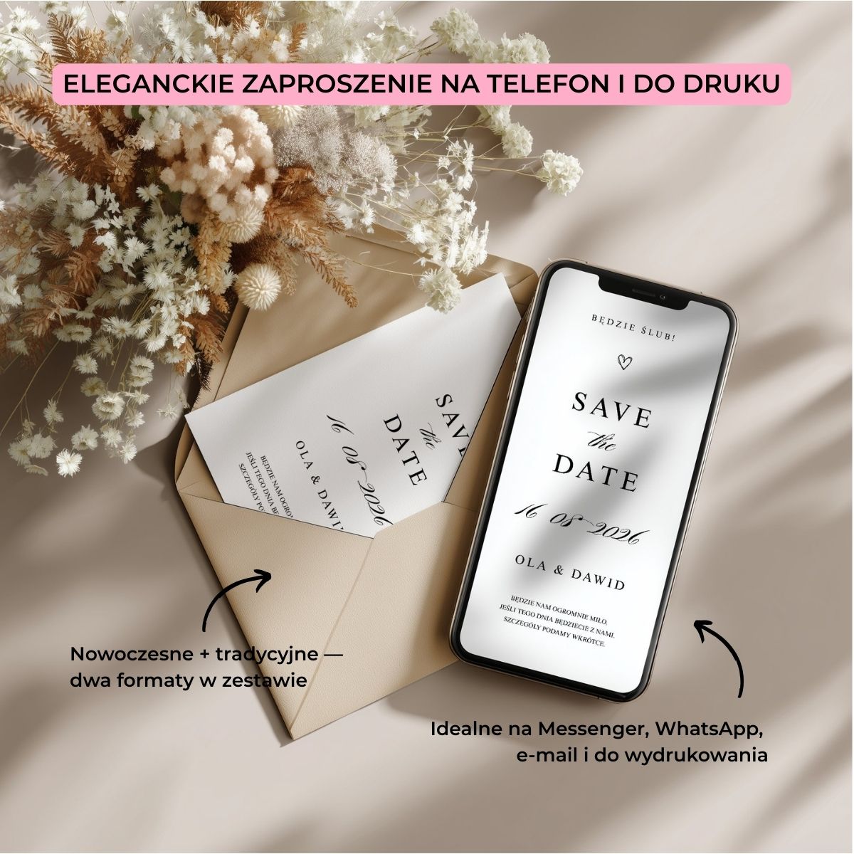 Zaproszenie Save the Date w dwóch formatach: mobilnym i drukowanym, zaprezentowane na estetycznym mockupie z kopertą.