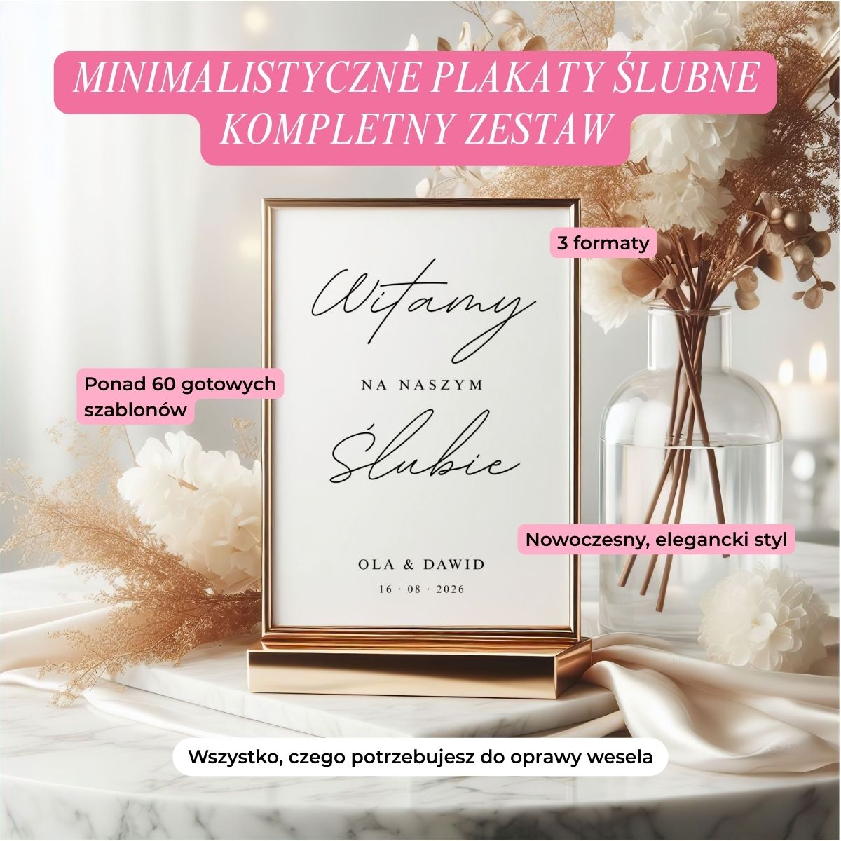 Plakat powitalny „Witamy na naszym ślubie” w eleganckiej ramie — część zestawu minimalistycznych tablic ślubnych Canva.