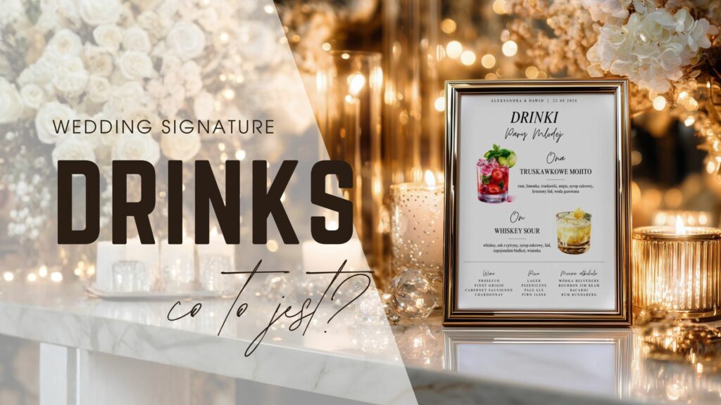 Eleganckie koktajle weselne – przykładowe Wedding Signature Drinks w szklankach na jasnym tle.