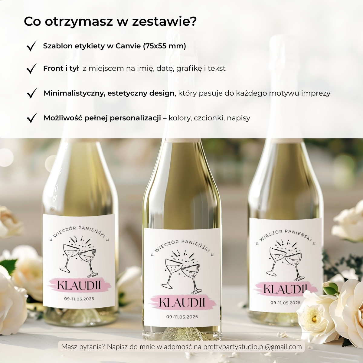 Zawartość zestawu z etykietą na mini szampana – szablon Canva do pobrania