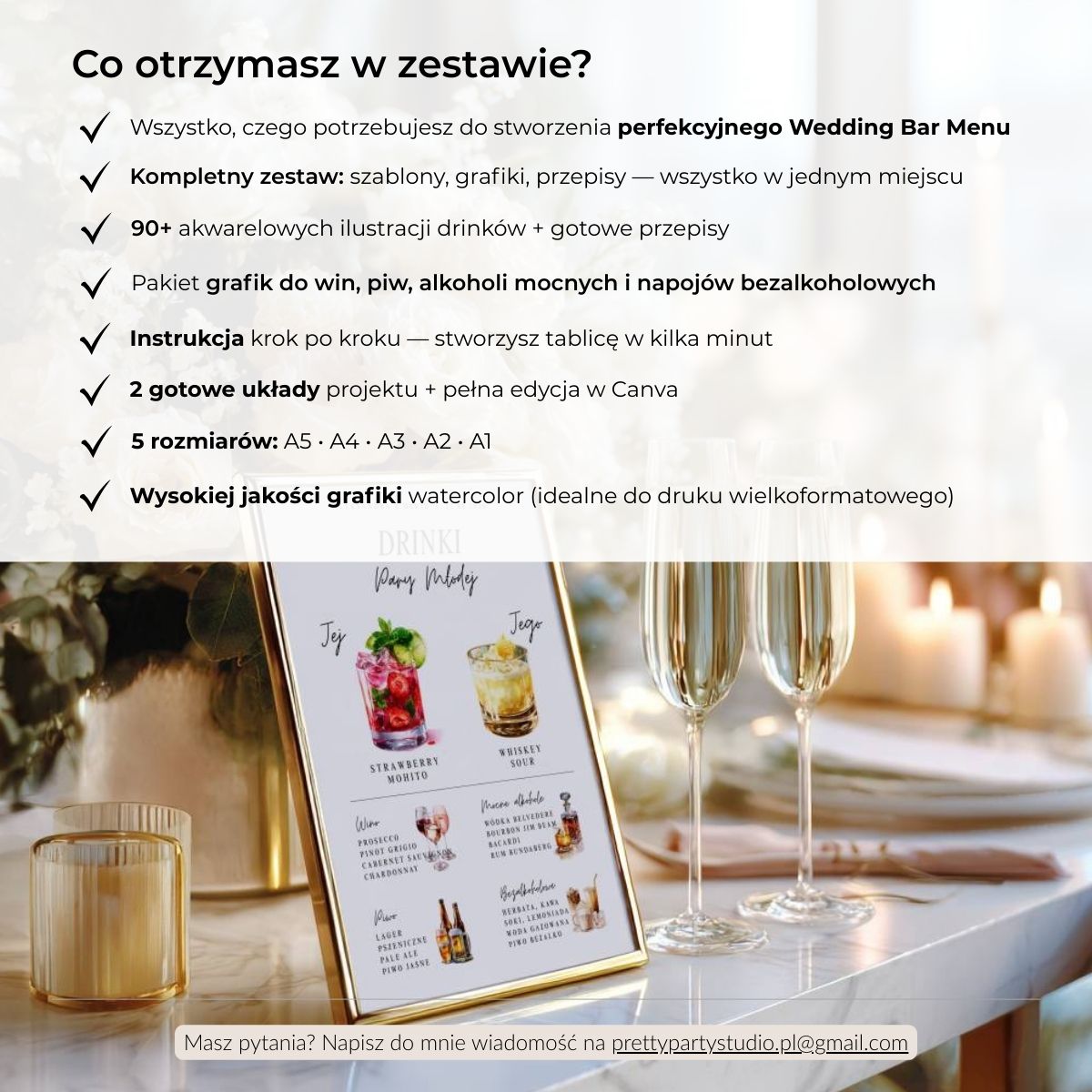 Zestaw wedding bar menu: szablony Canva, 90 akwarelowych drinków i instrukcja krok po kroku.