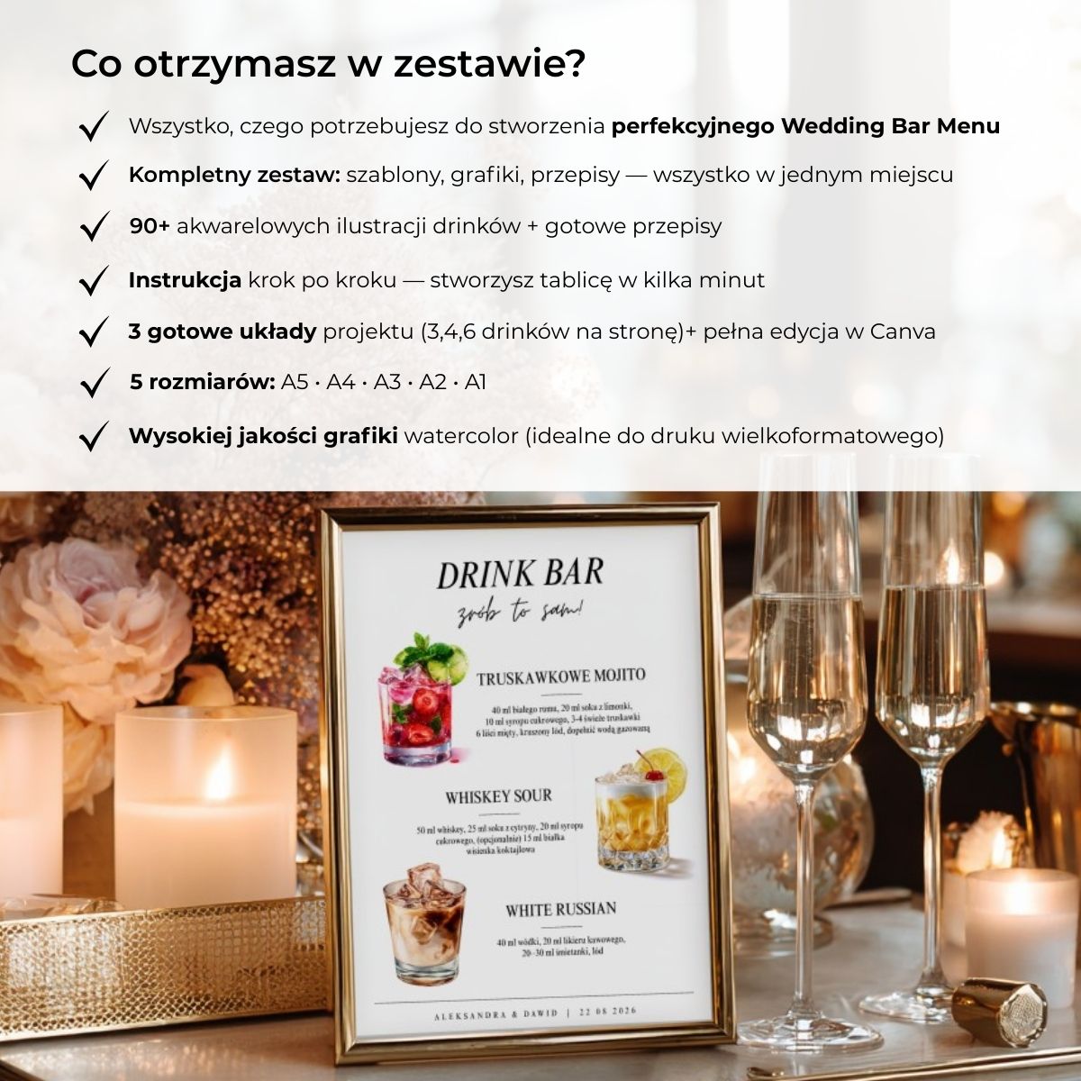 Grafika informacyjna – co otrzymujesz w pakiecie drink bar DIY: szablony, grafiki, przepisy i instrukcja krok po kroku.