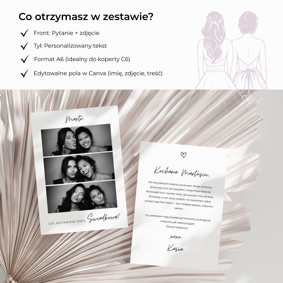 Zawartość zestawu: karta A6 z pytaniem o świadkowanie i personalizowany tył, edytowalne w Canva.
