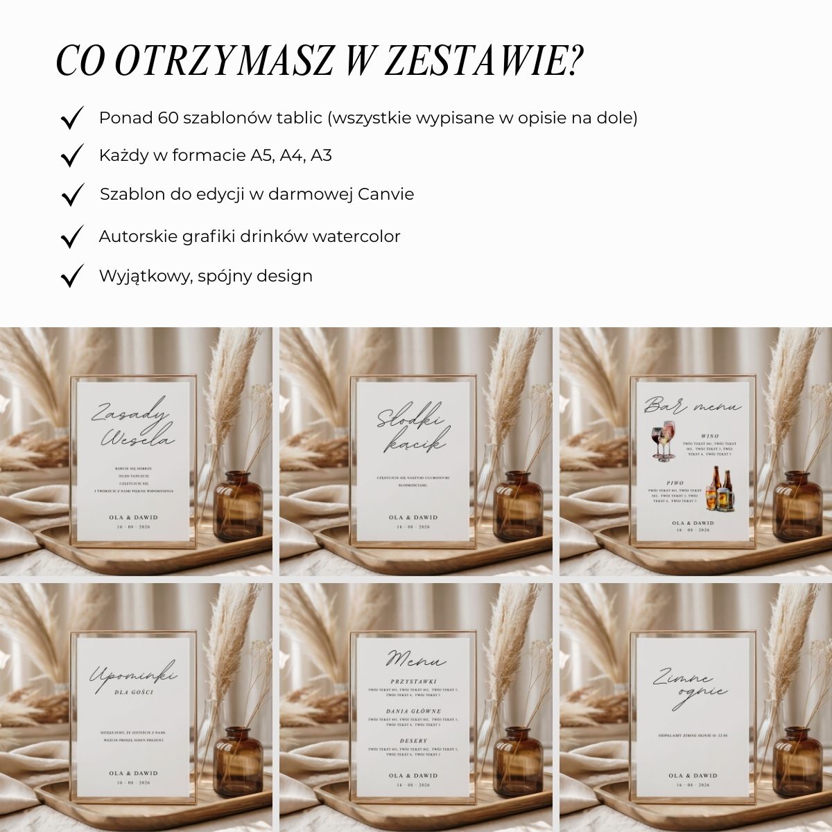 Zawartość zestawu tablic ślubnych: 60+ szablonów, 3 formaty, grafiki watercolor, gotowe do edycji w Canva.