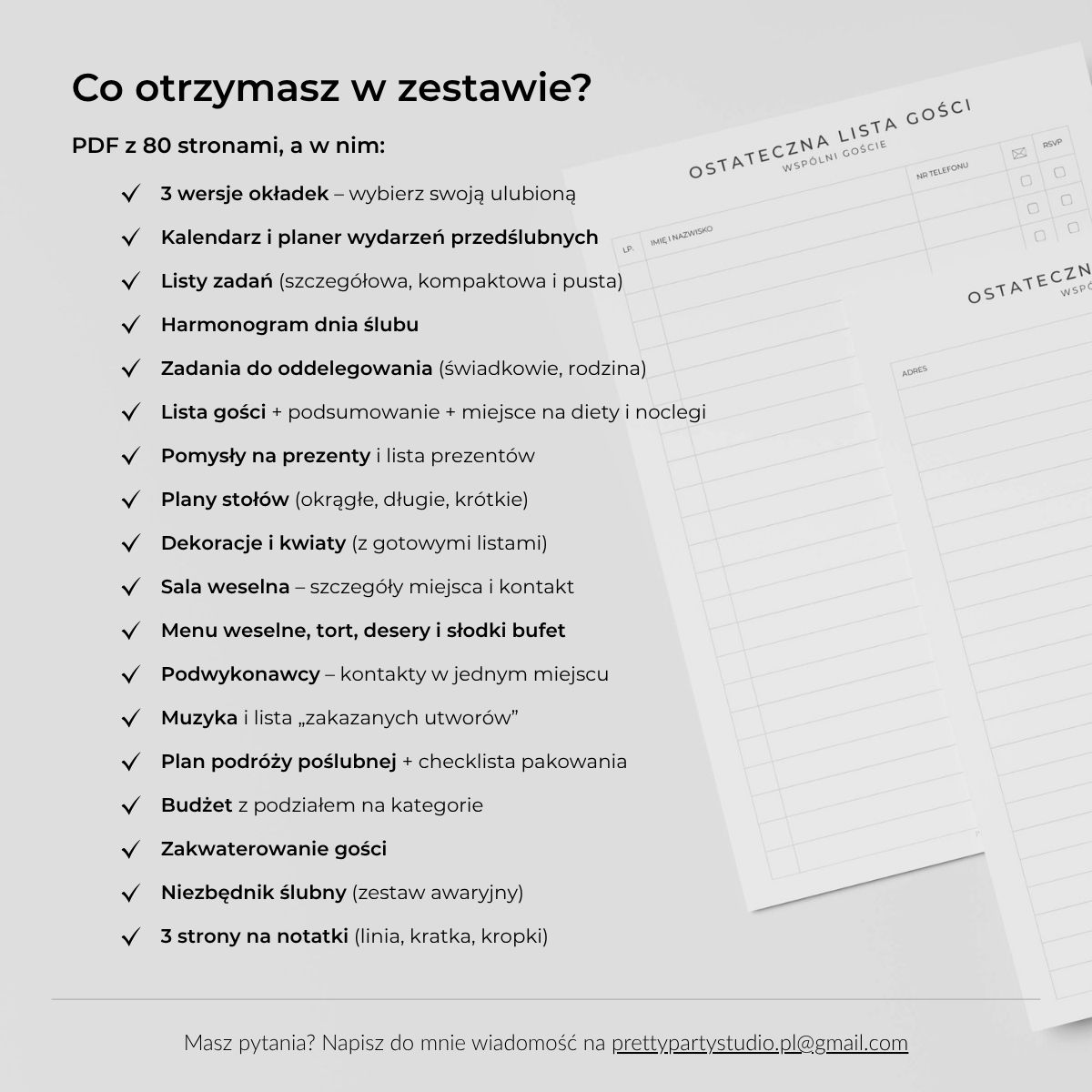 Zawartość planera ślubnego PDF – 80 stron do druku z checklistami, listami i harmonogramem