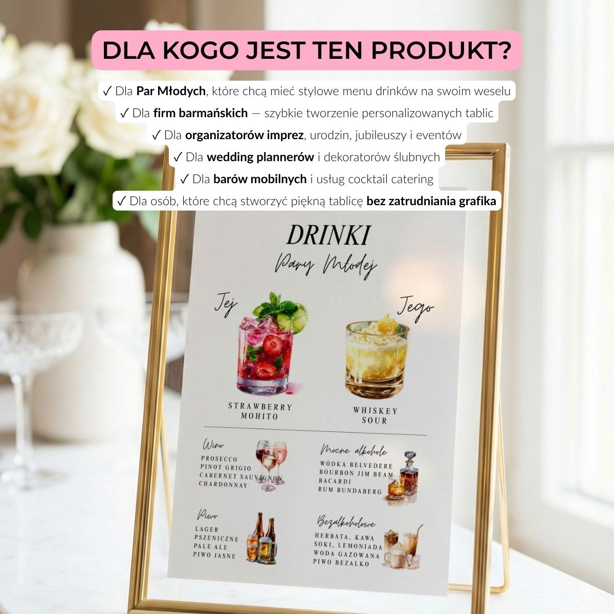 Wedding bar menu w złotej ramce – produkt dla Par Młodych, barmanów i wedding plannerów.