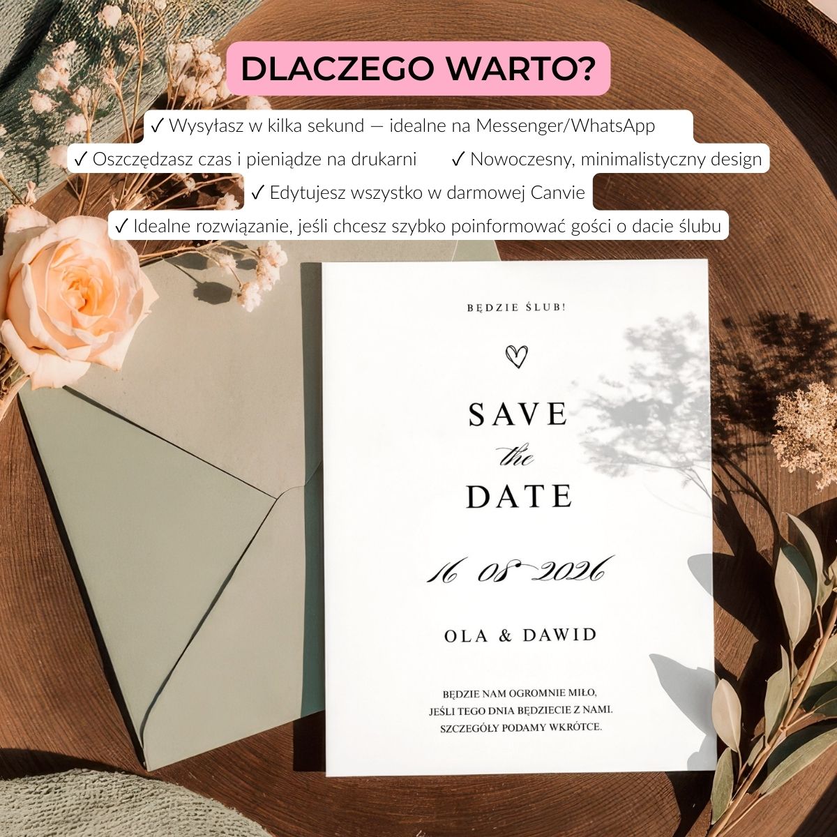 Powody, dla których warto wybrać cyfrowe Save the Date: szybkość wysyłki, oszczędność czasu, nowoczesny design, darmowa edycja.