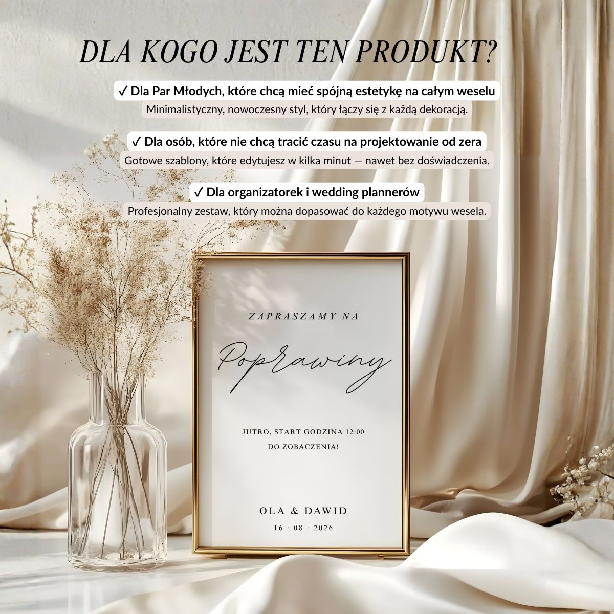 Informacja o tym, dla kogo przeznaczony jest zestaw tablic ślubnych — dla Par Młodych, osób bez doświadczenia i wedding plannerów.
