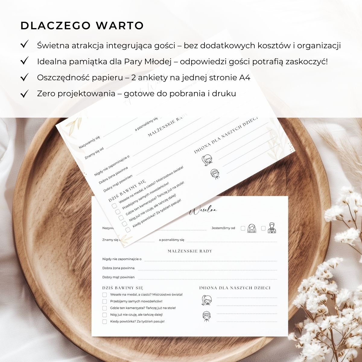 Lista powodów, dla których warto kupić ankietę weselną PDF – atrakcyjna, oszczędna, gotowa do użycia.