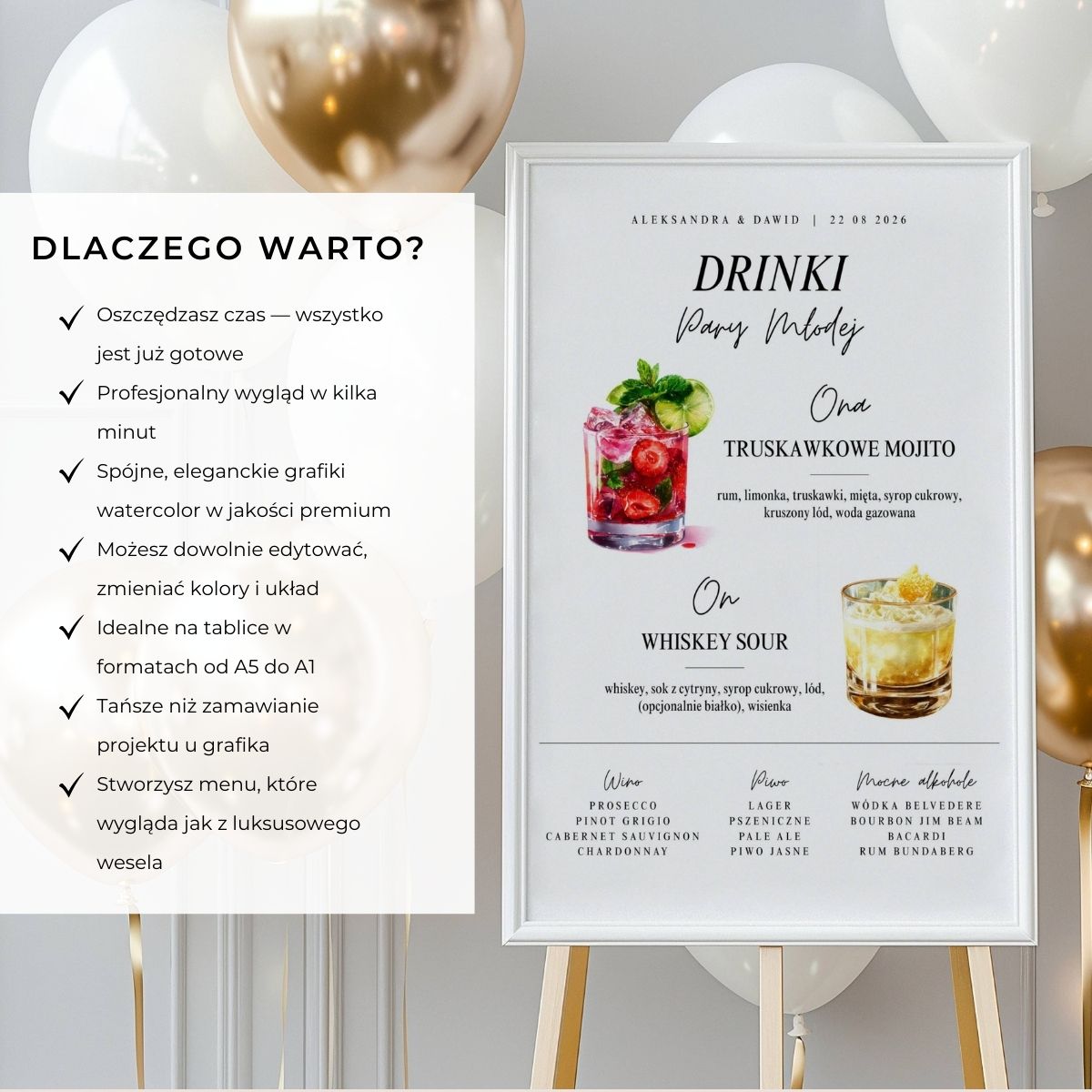 Wedding bar menu w eleganckiej oprawie – oszczędność czasu i luksusowy wygląd.