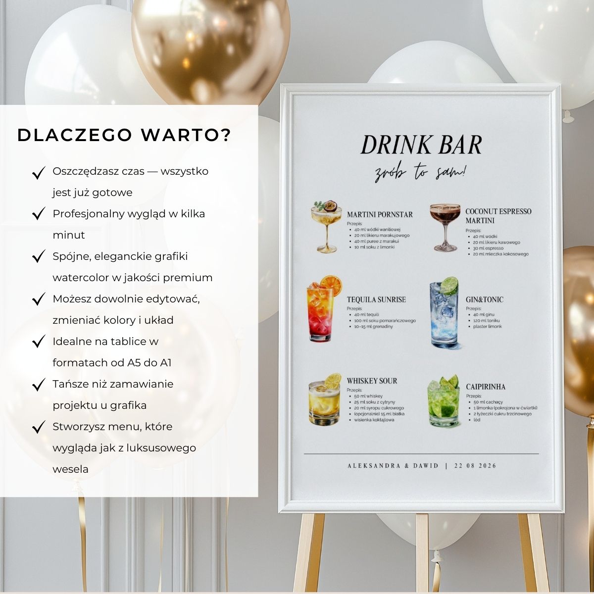 Lista korzyści szablonu Drink Bar DIY: oszczędność czasu, elegancki wygląd, edycja w Canvie, premium watercolor.