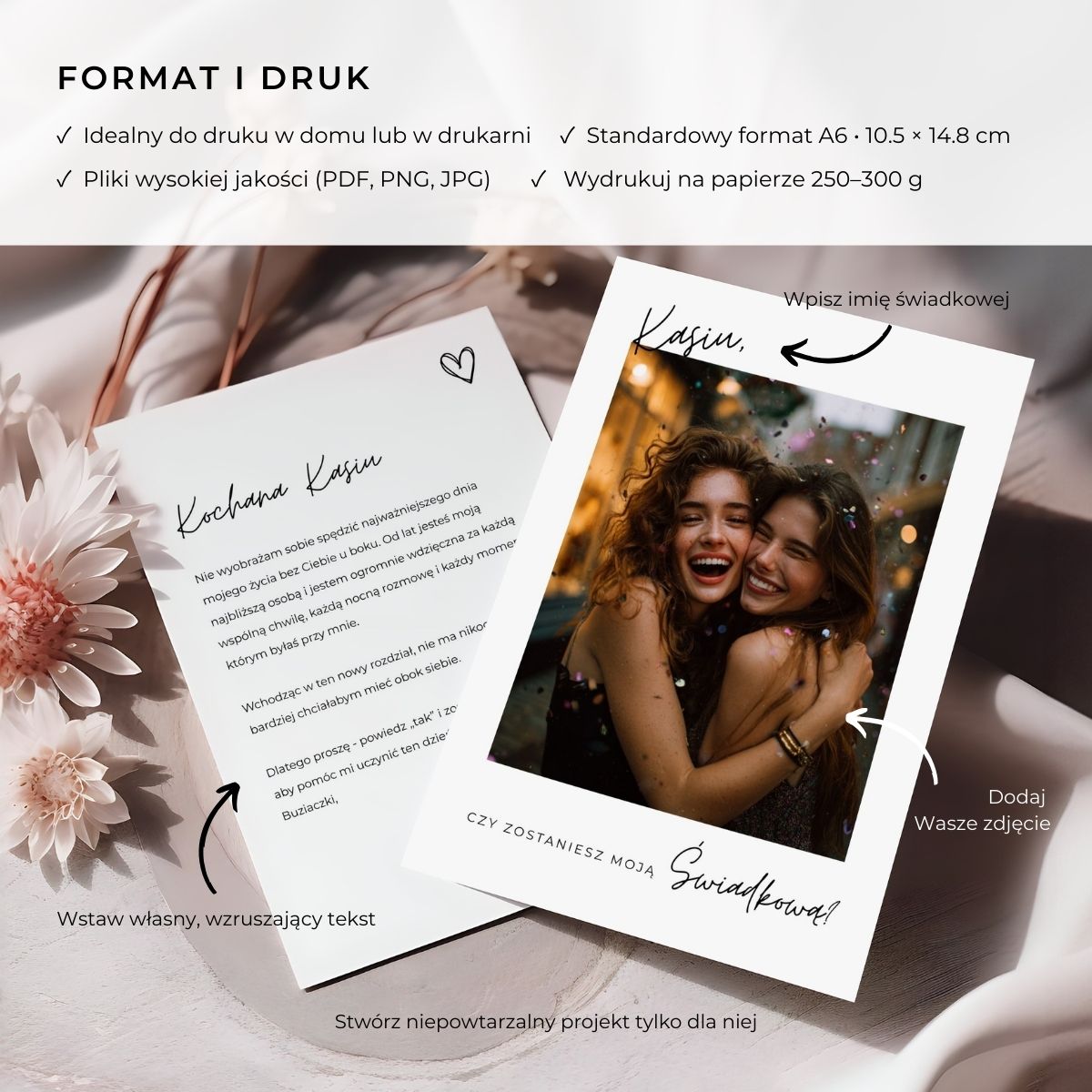 Informacje o druku: szablon karty A6 do edycji w Canva z miejscem na imię, zdjęcie i tekst.