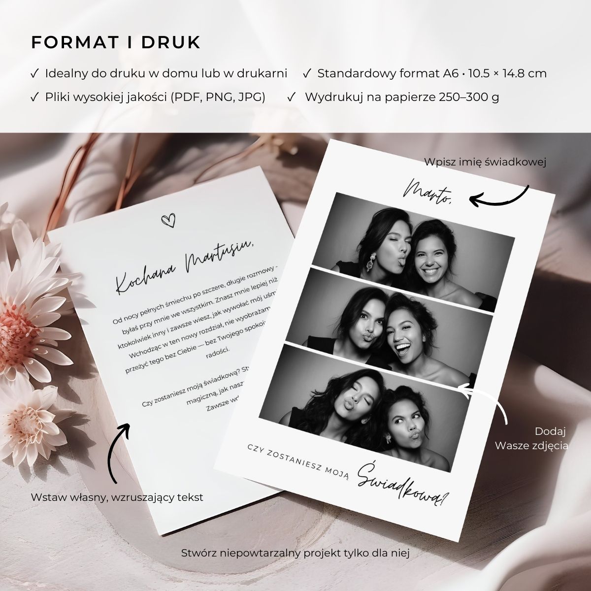 Informacje o druku: szablon karty A6 do edycji w Canva z miejscem na imię, zdjęcie i tekst.
