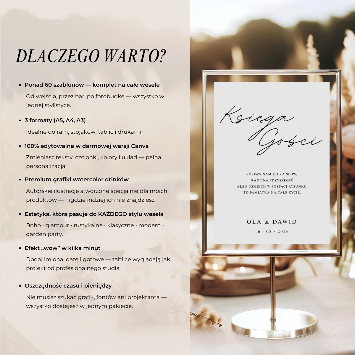 Lista korzyści zestawu tablic ślubnych: 60+ szablonów, 3 formaty, edycja w Canva, grafiki premium watercolor, spójna estetyka wesela.